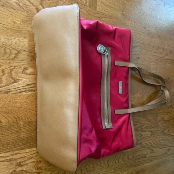 Michael Kors Kempton Red Nylon Brown Leather Tote Pocket Hand Shoulder Bag Zip - Picture 2 of 7